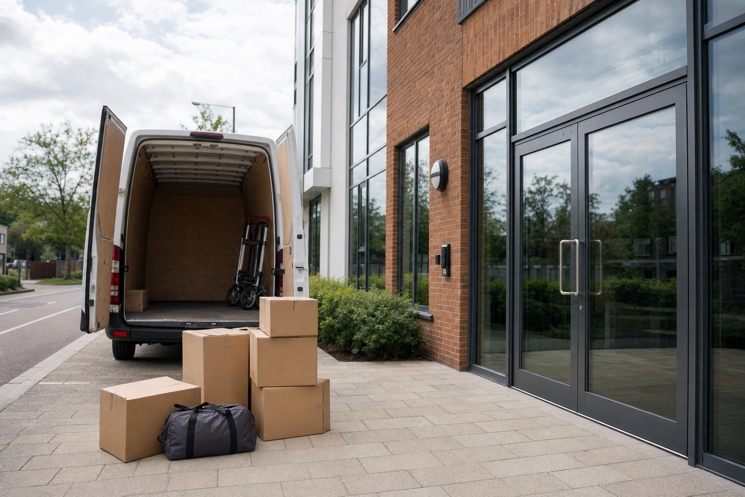 A van with open doors beside a modern building, with cardboard boxes and a duffel bag on the pavement.