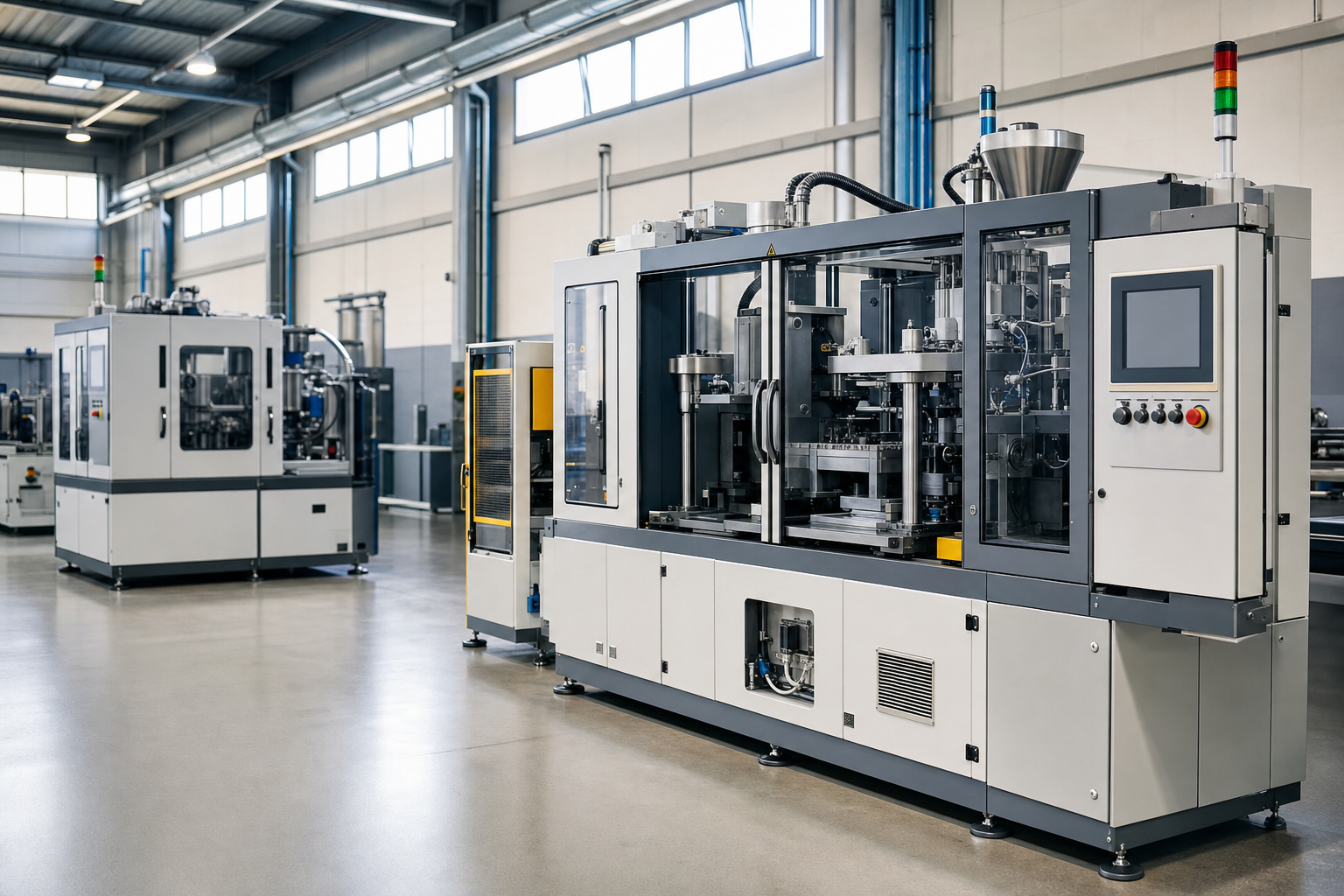 Industrial machinery in a spacious, well-lit factory setting with visible control panels and signals.