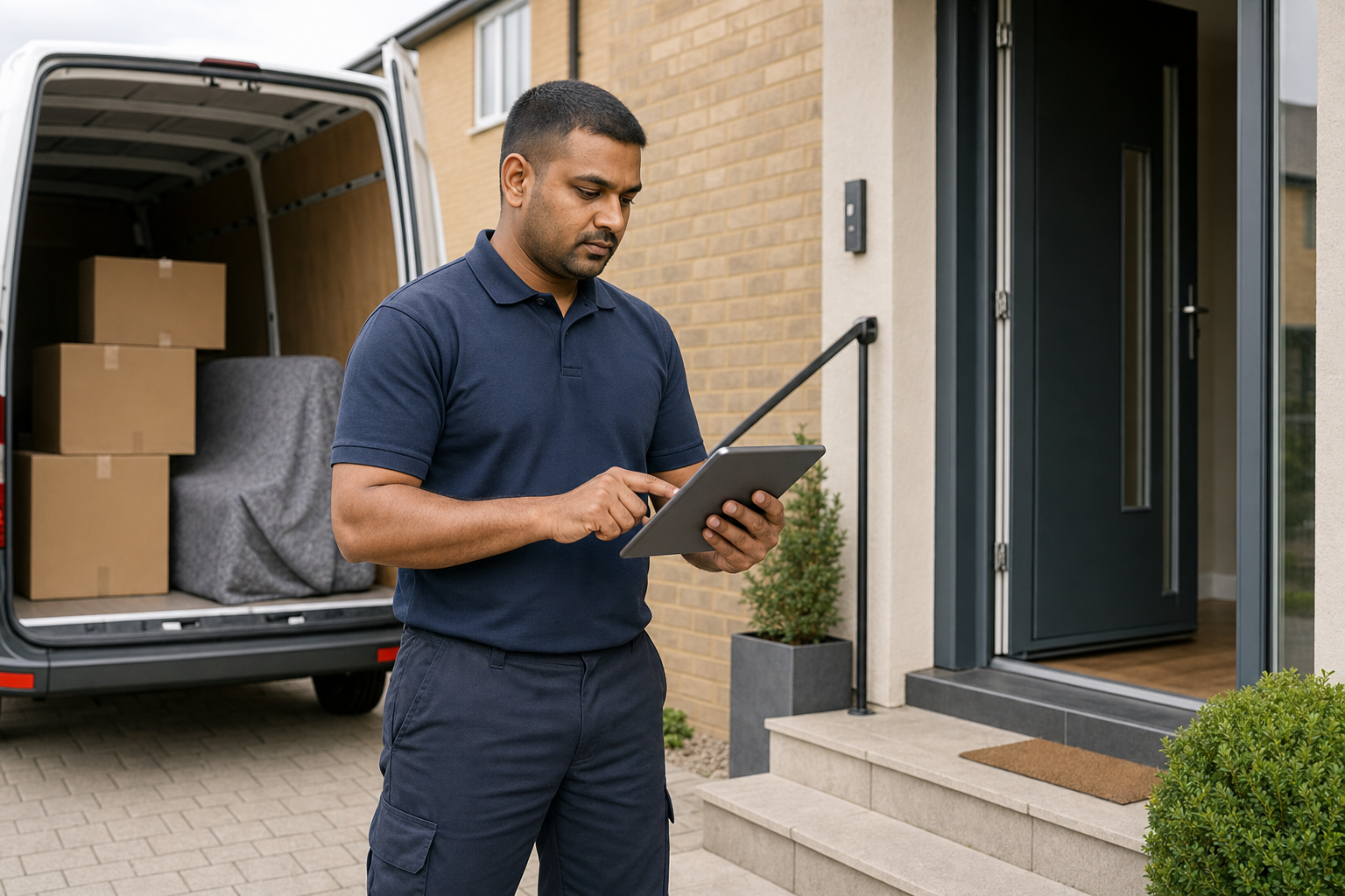 Delivery driver using a tablet in front of a van filled with boxes at a residential doorstep.