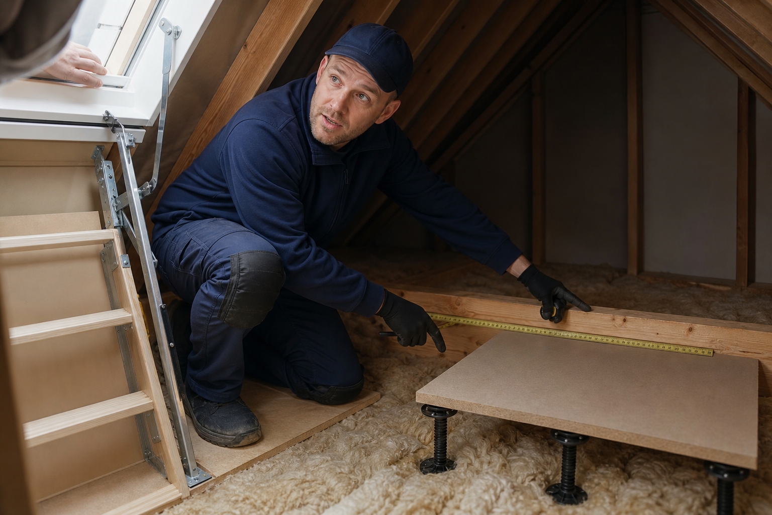 Man in a navy uniform measuring the flooring space in an attic with yellow insulation visible.