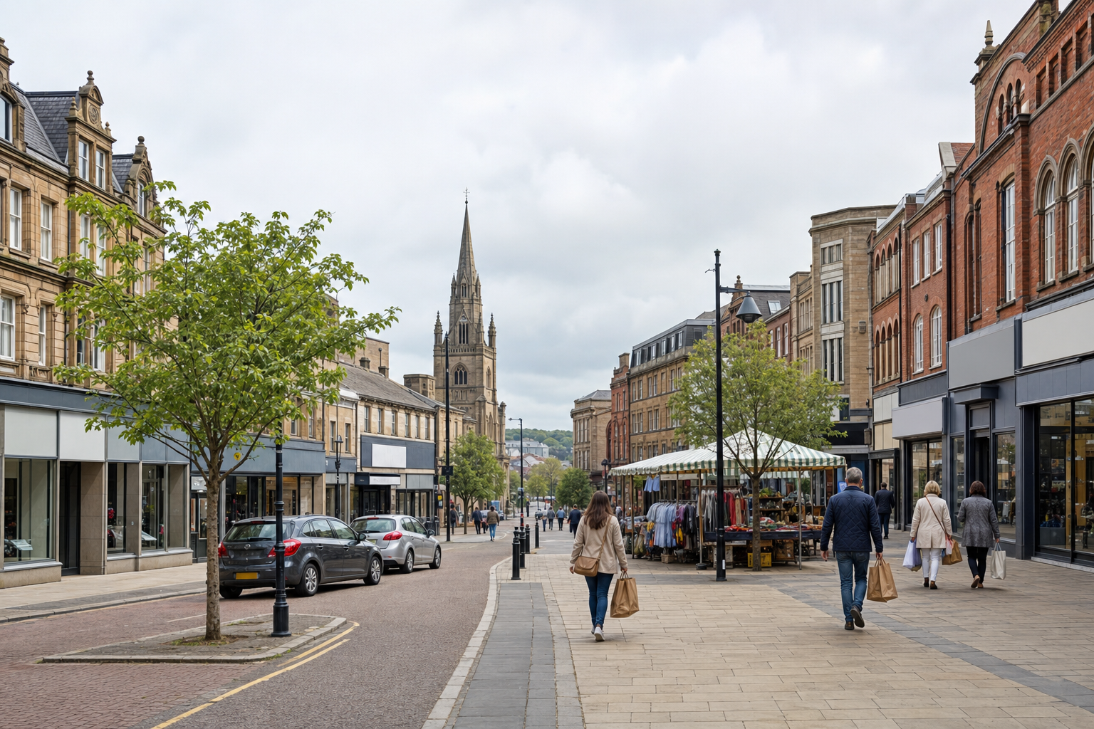 A bustling pedestrian street lined with historic buildings and a tall church spire in the background.