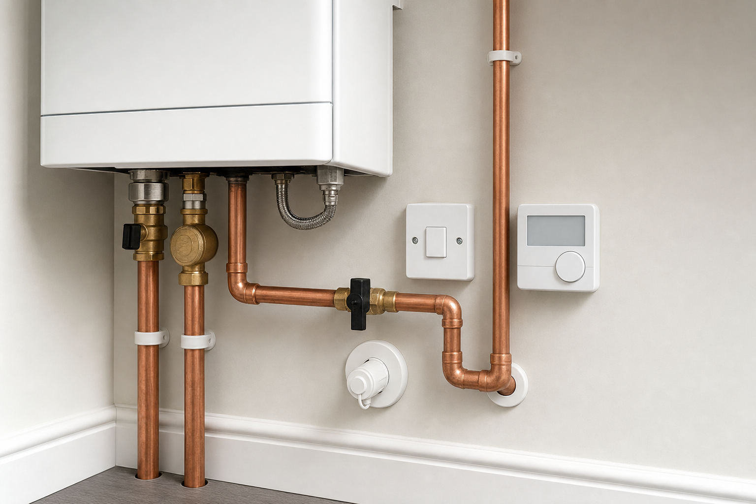 Copper pipes and a white boiler system are fixed on the wall next to a thermostat and a switch.