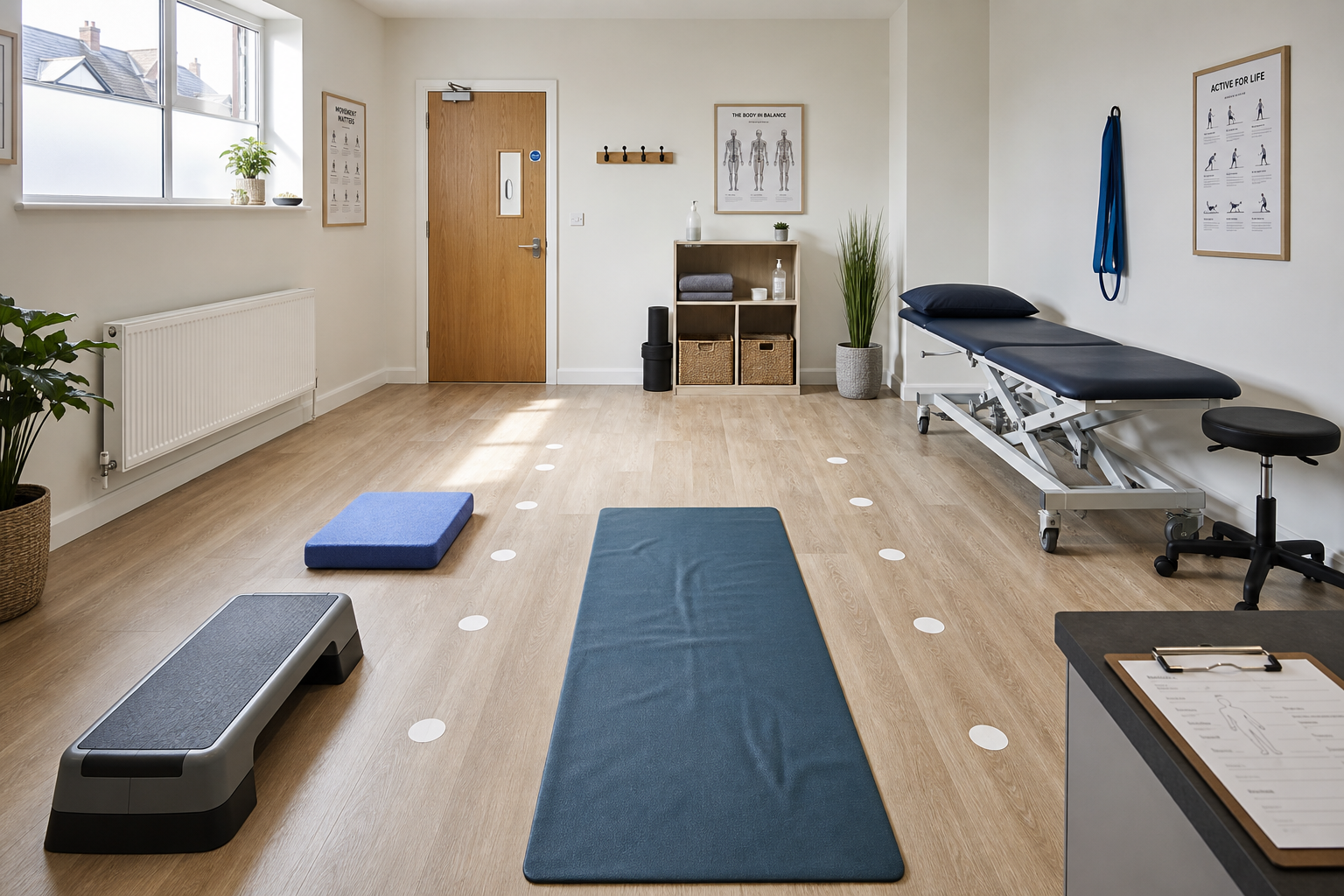 A physiotherapy room with a treatment table, exercise mat, step, and posters on the walls.