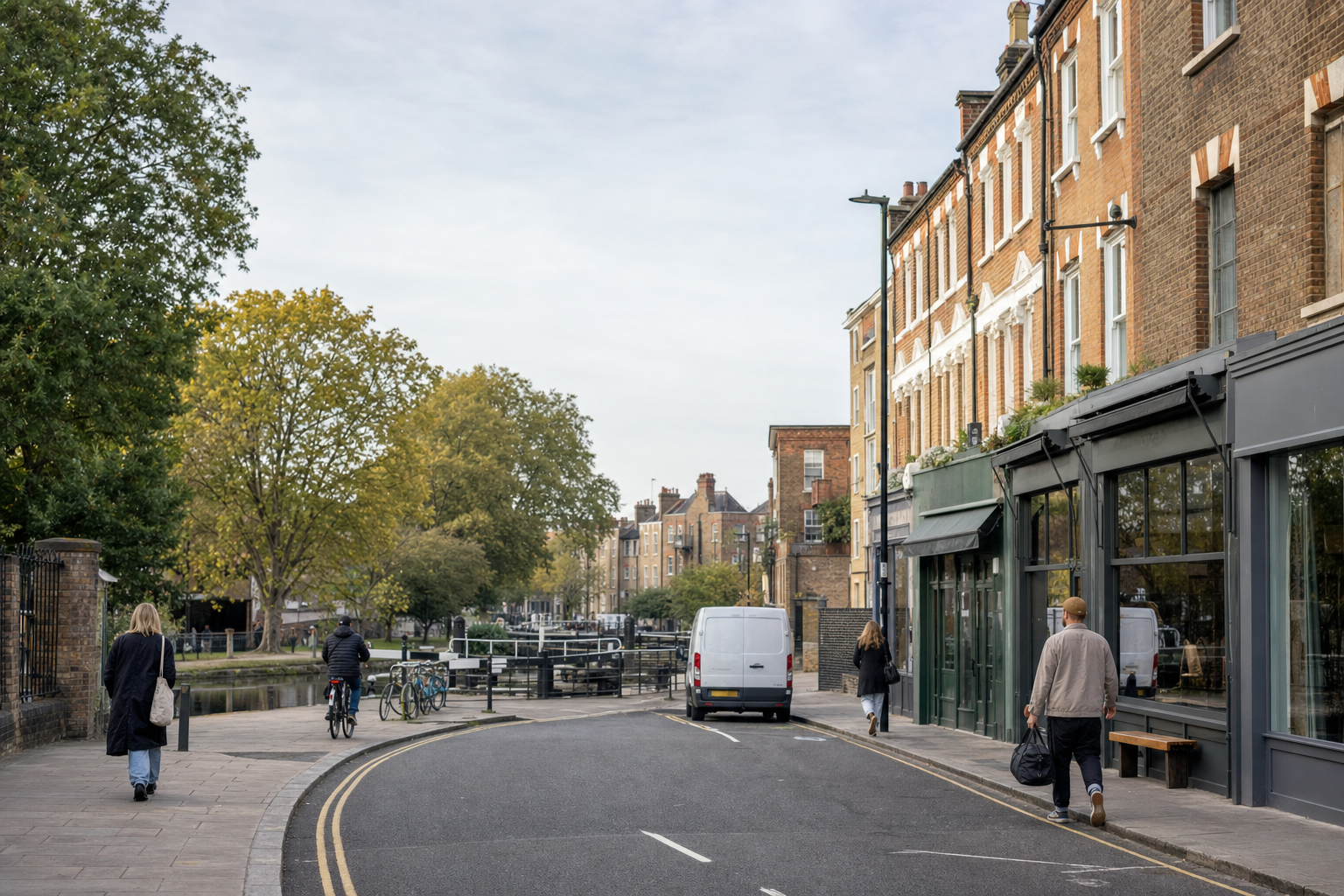 People walking and cycling along a canal-side street with brick buildings and autumn trees in the background.