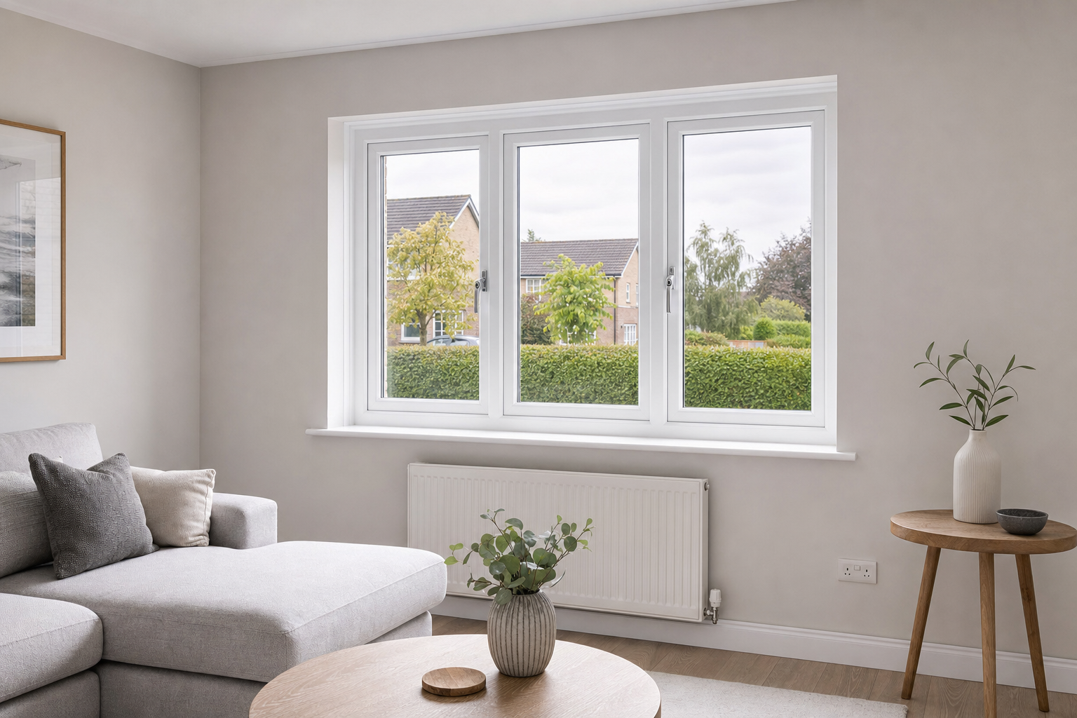 A bright living room with a grey sofa, wooden tables, and a large window overlooking a suburban neighbourhood.