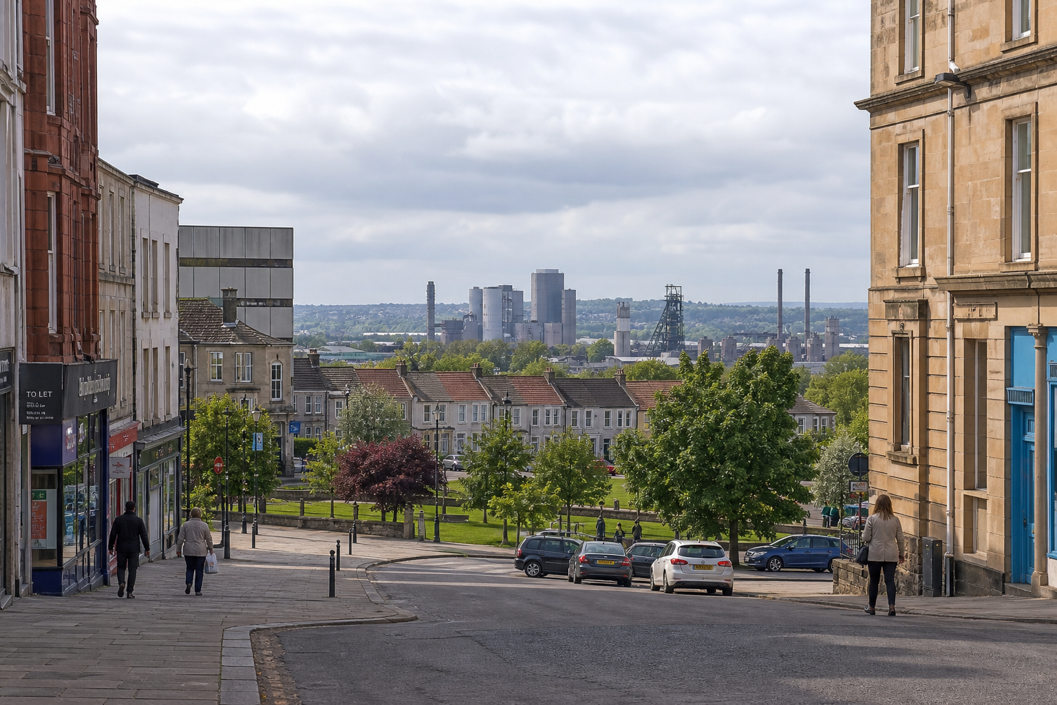 Urban street scene with pedestrians and parked cars, overlooking a cityscape with industrial buildings and a cloudy sky.