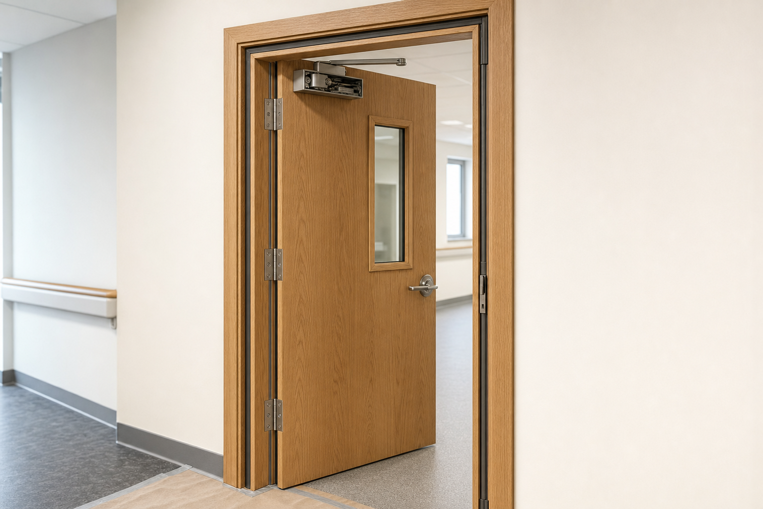 A light wooden door with a window panel is slightly ajar, revealing a hallway with grey flooring.
