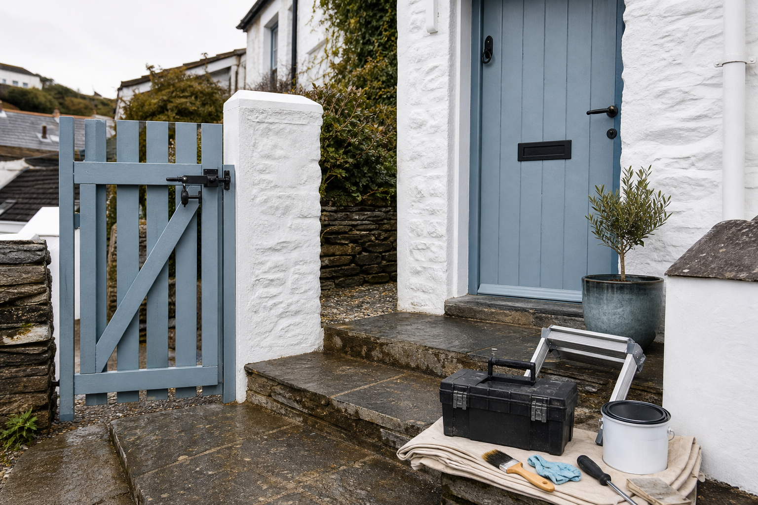 A blue door and gate with painting tools and stepladder on stone steps.