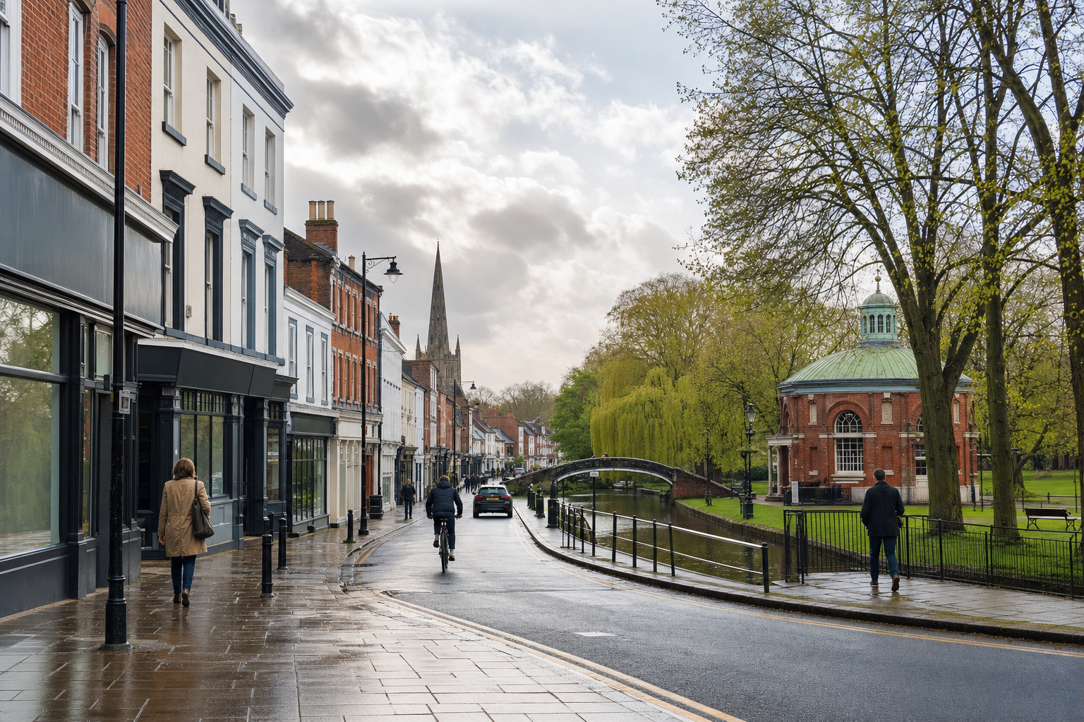 A quaint street scene featuring a cyclist, pedestrians, and historic buildings alongside a canal under a cloudy sky.