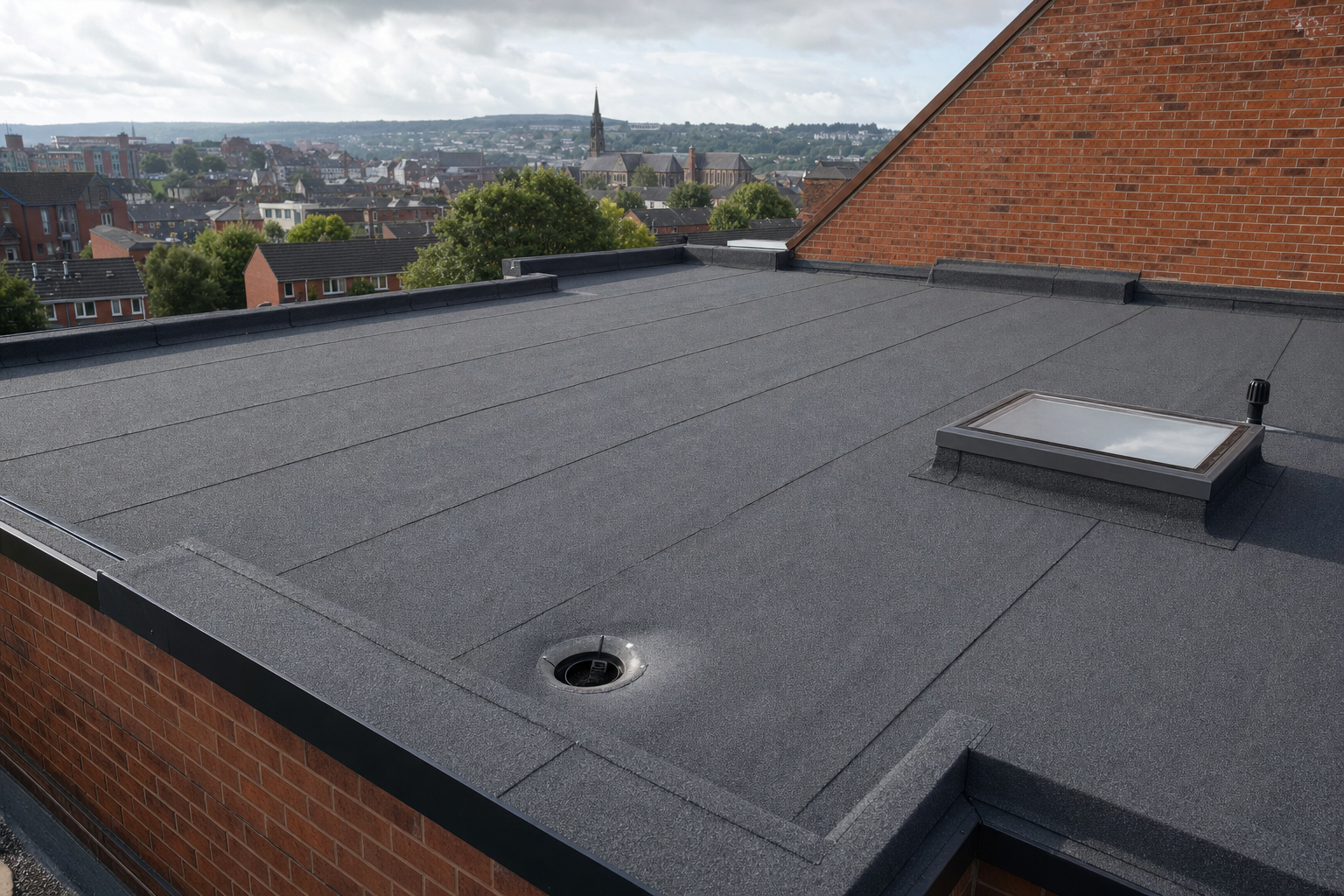 Flat rooftop with a skylight and vent, overlooking a townscape with trees and buildings in the background.