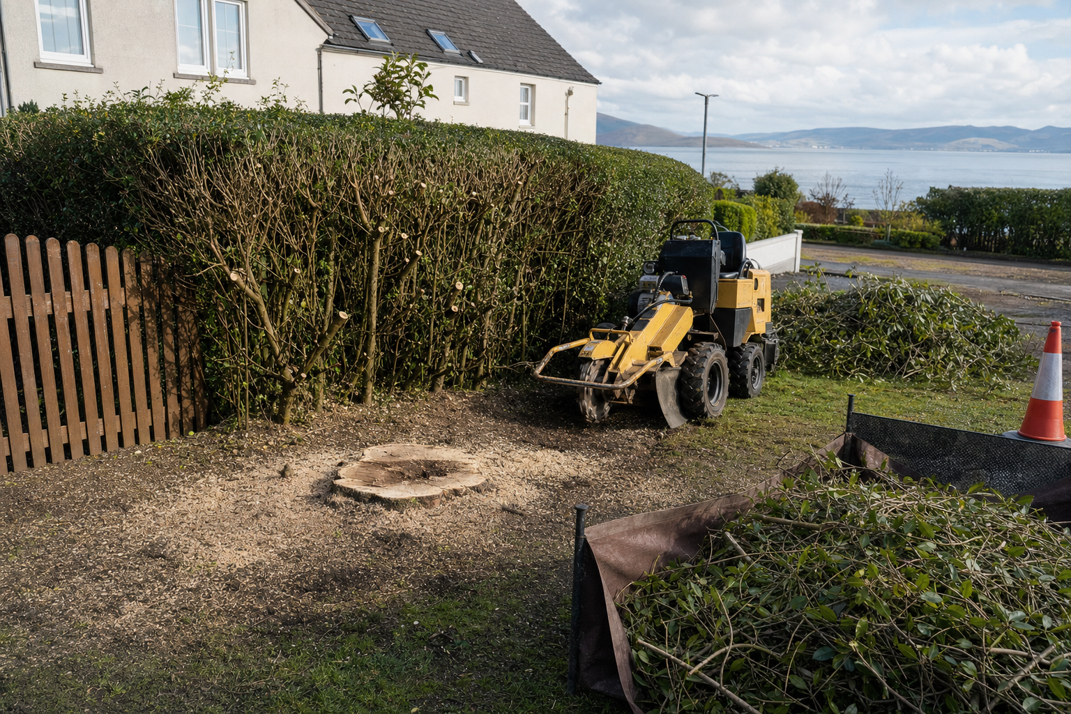 A stump grinder is parked beside a freshly cut tree stump in a residential garden overlooking a scenic waterfront.
