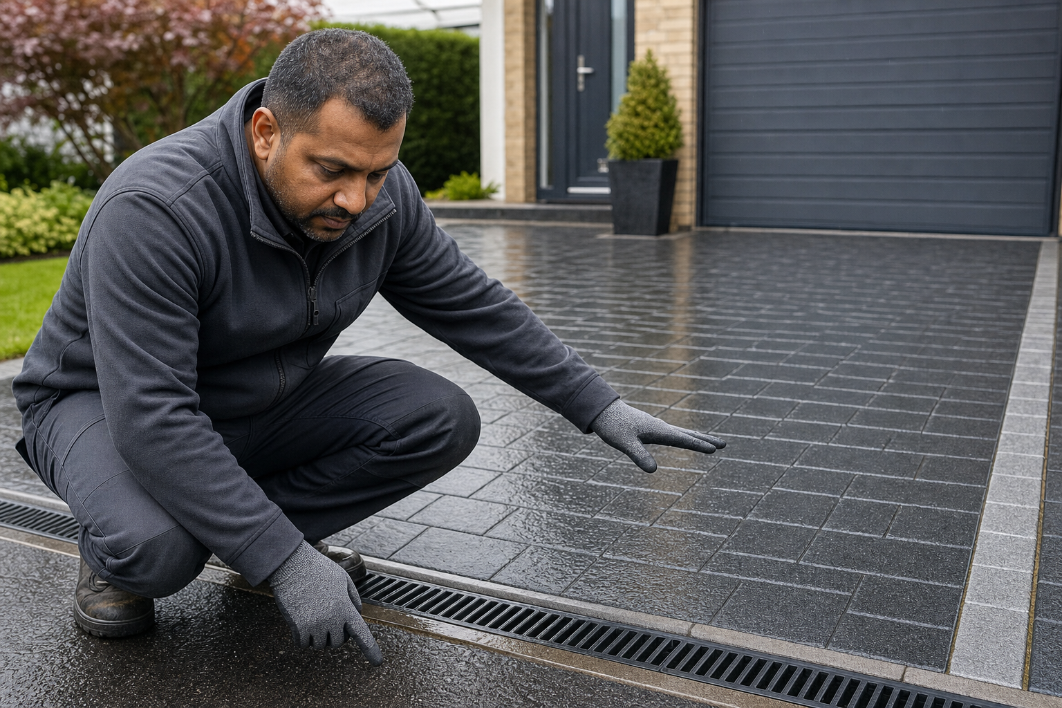 A man inspects a drainage system along a clean, wet driveway next to a garage door.