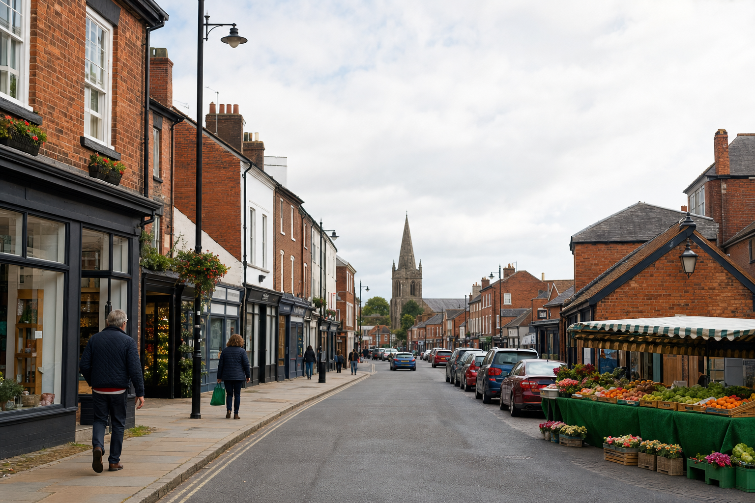 A quaint English street with shops and a market stall, leading to a distant stone church.