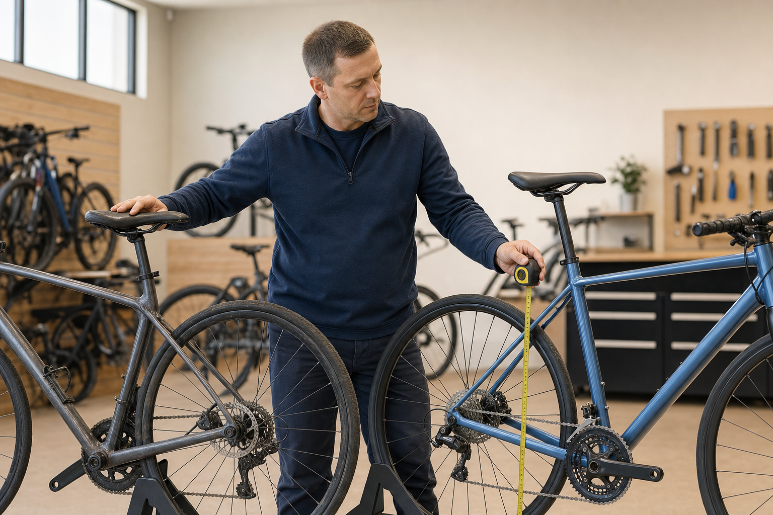 A man measures a bicycle frame using a tape measure in a bike shop.