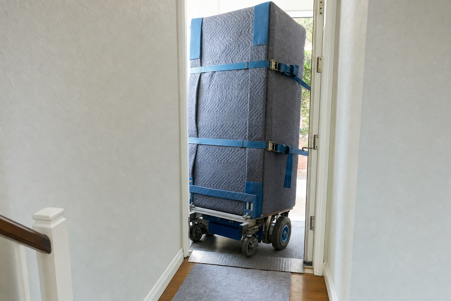 A large padded item on a trolley is being transported through an open doorway.