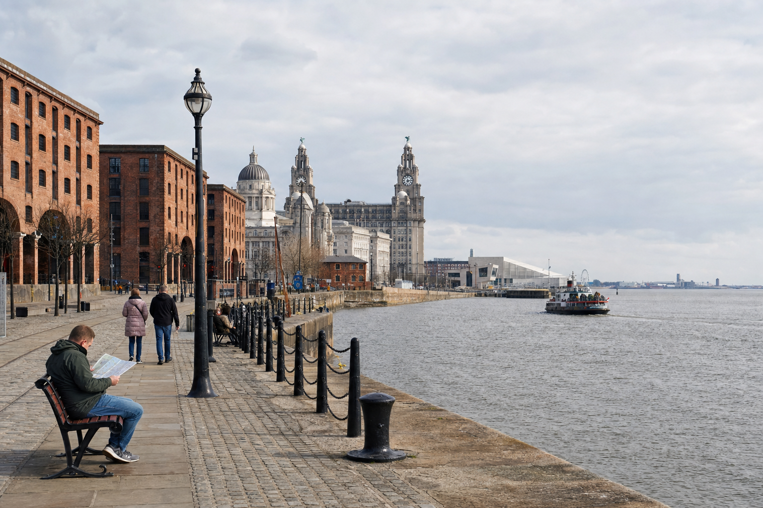 People stroll along the waterfront near historical buildings and the Mersey Ferry in Liverpool.