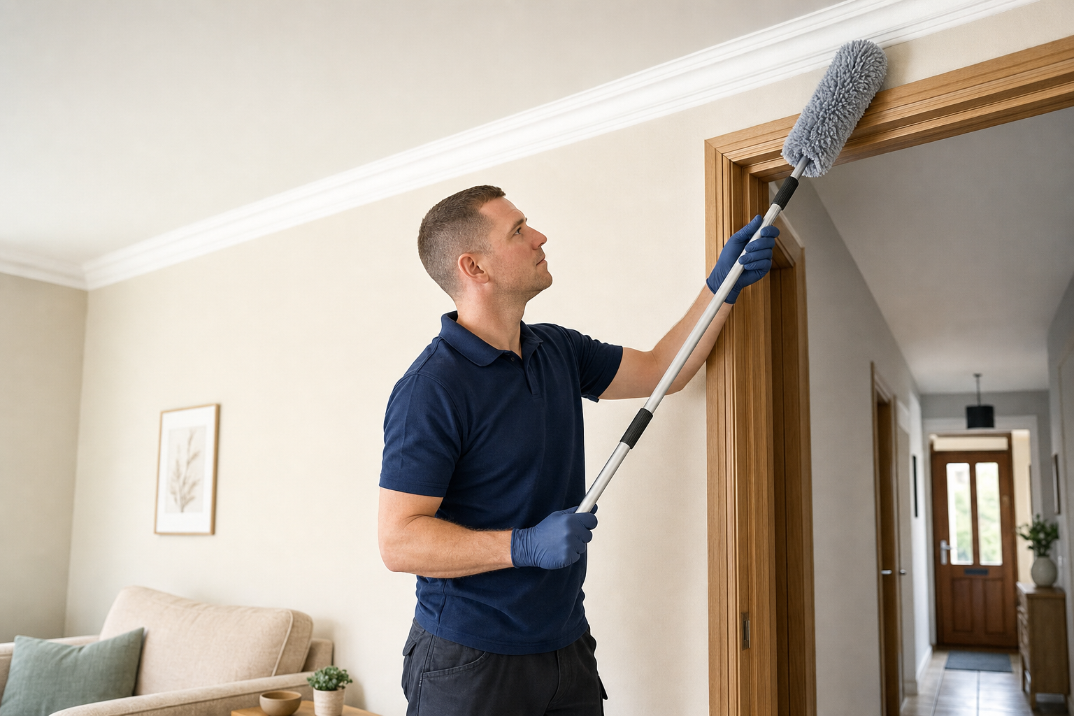 Person wearing gloves using an extendable duster to clean the top of a door frame in a living room.