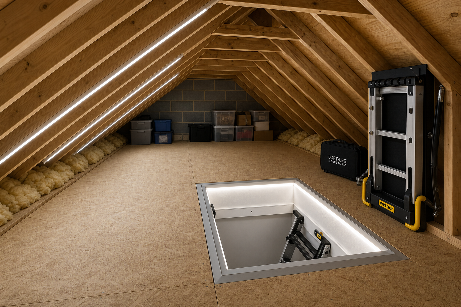 A spacious, well-lit attic with organised storage boxes and an open loft ladder access.
