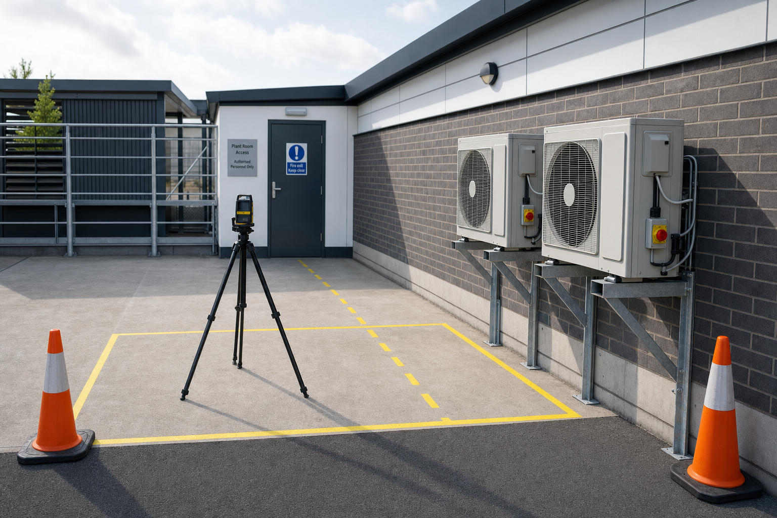 A tripod with a surveying instrument is set up within a marked area near air conditioning units and safety cones.