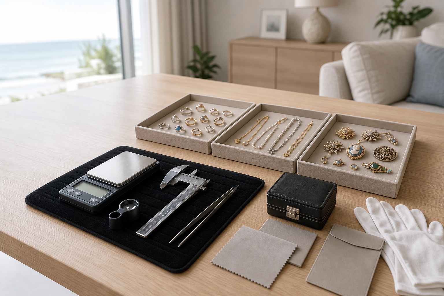 Jewelry with tools for measurement and cleaning on a wooden table by the window.