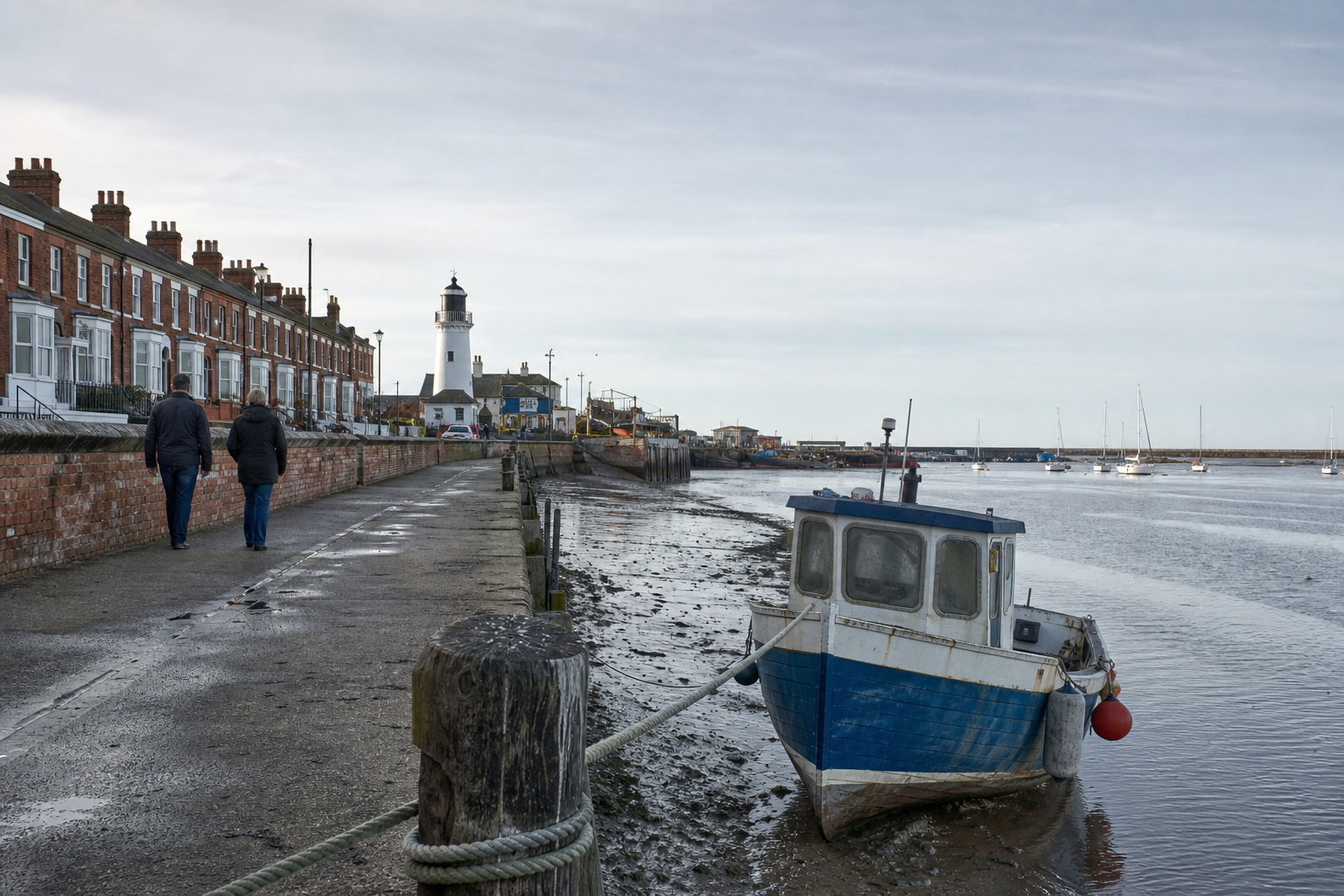 Coastal walkway with a lighthouse in the distance and a boat anchored near the shore.