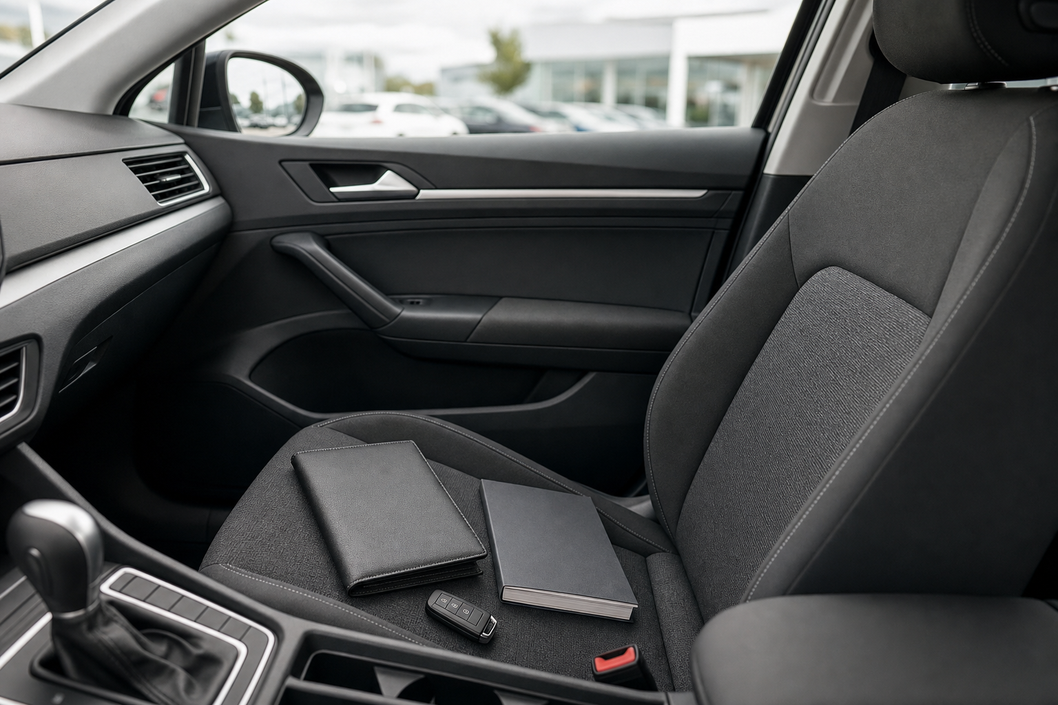 Car interior with notebooks and car key fob on the front passenger seat.