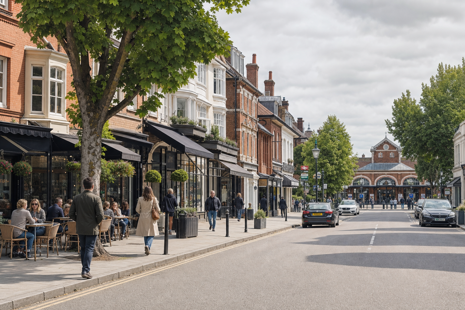 A bustling street scene with people dining at outdoor cafes, lined with trees and historic brick buildings.