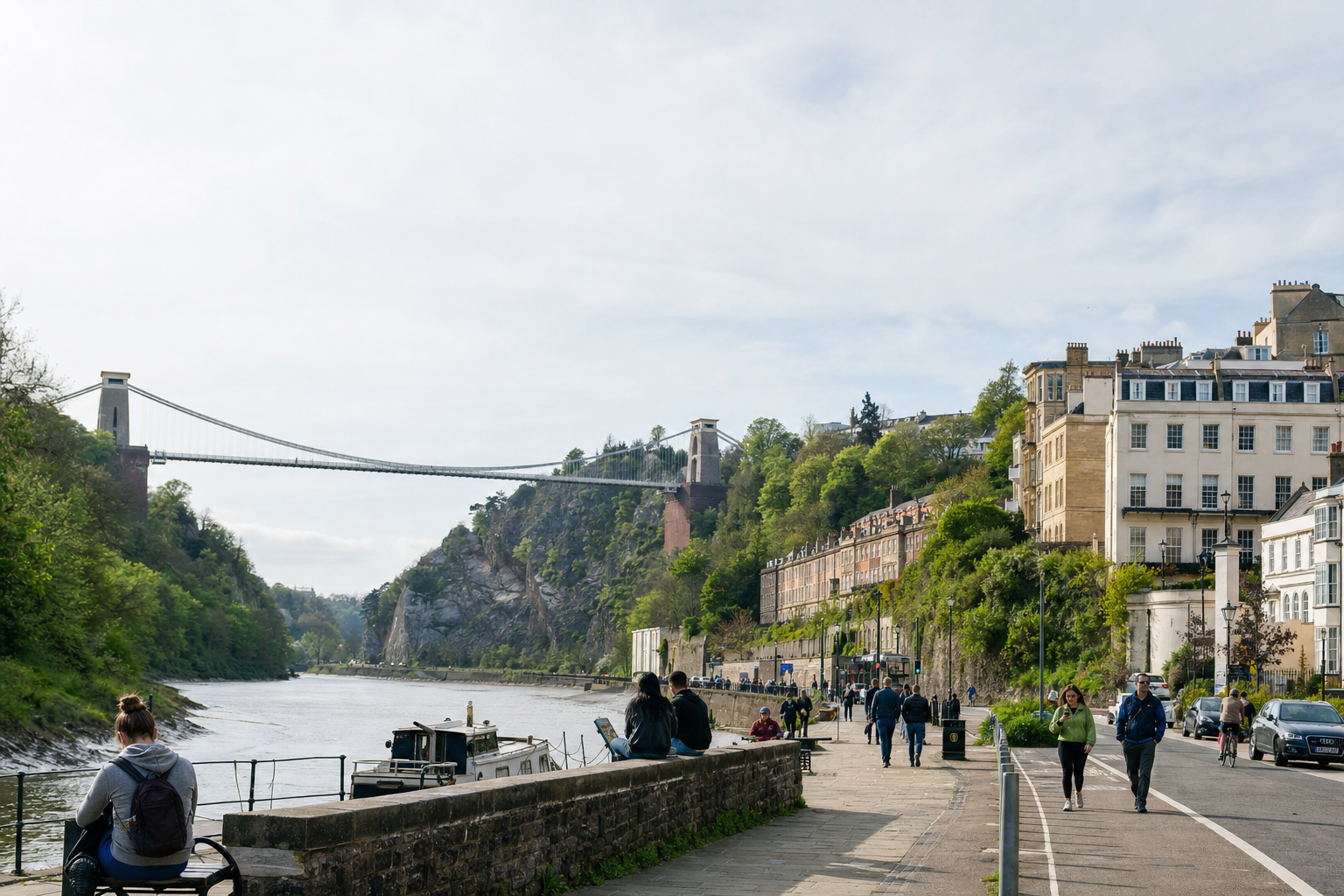 People strolling along a riverside path with the Clifton Suspension Bridge in the background.
