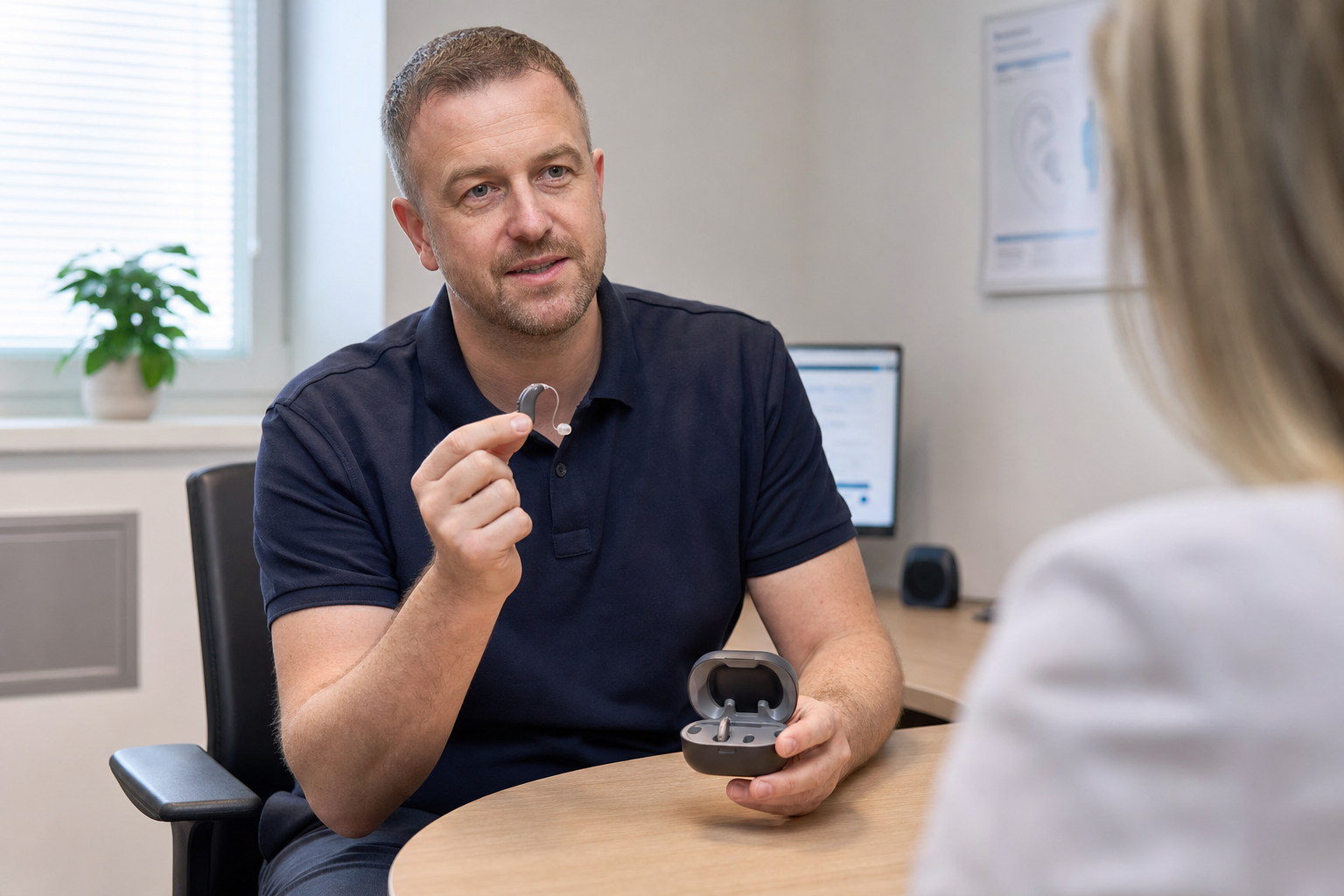 Man demonstrating a hearing aid to a woman in an office setting.