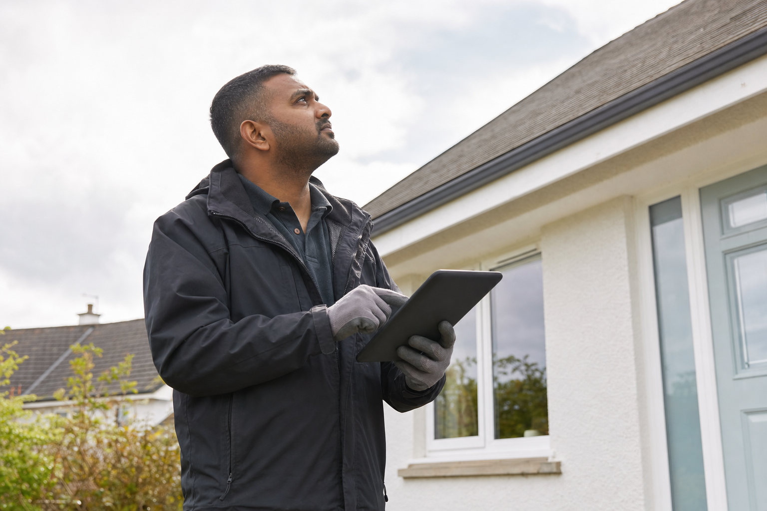 A man in a jacket and gloves uses a tablet while inspecting the exterior of a house.