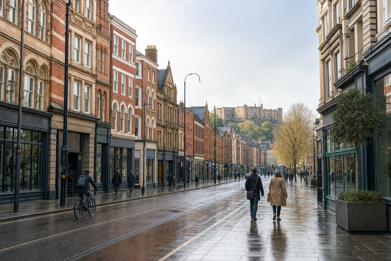 People walk on a wet city street lined with historic buildings, leading up to a castle on a hill in the background.