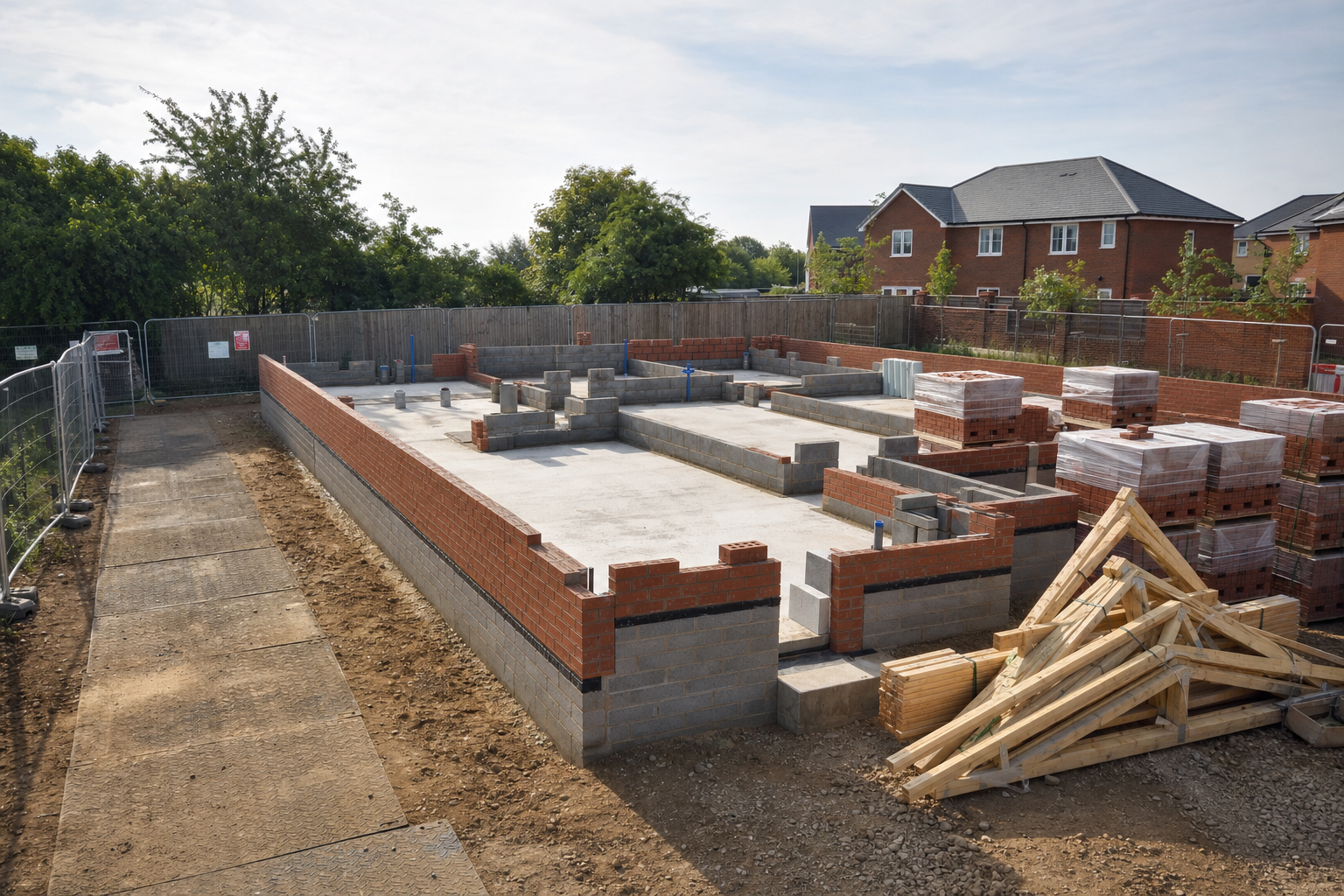 Brick foundation of a new residential building surrounded by construction materials and trees.