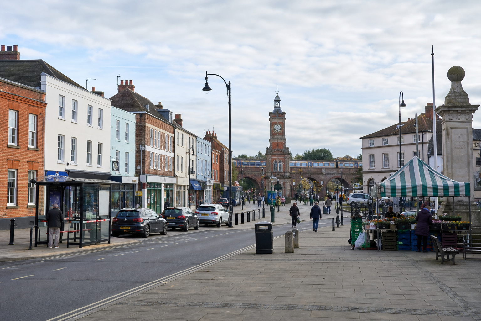 Town center with historic buildings, a clock tower, and market stalls on a cloudy day.