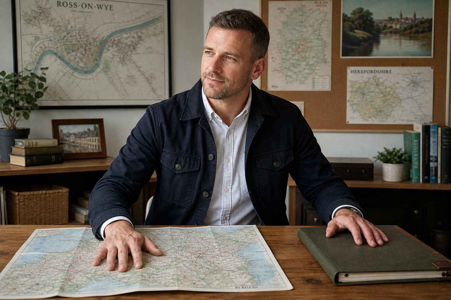 Man in a navy jacket sits at a wooden desk with a map, surrounded by vintage maps and books in a study.