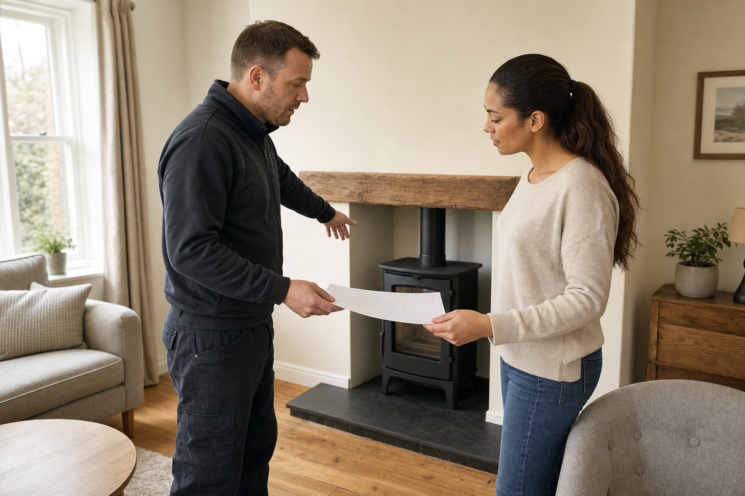 A man discusses a stove installation plan with a woman while pointing at the fireplace in a cosy living room.