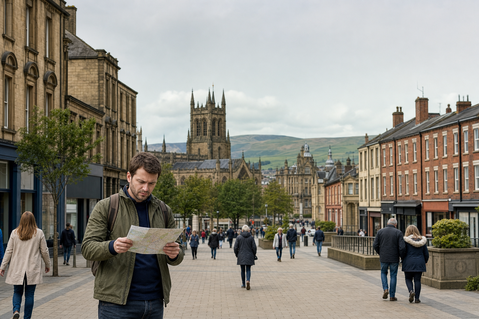 A man reads a map on a bustling pedestrian street with historic buildings and a distant view of a cathedral.