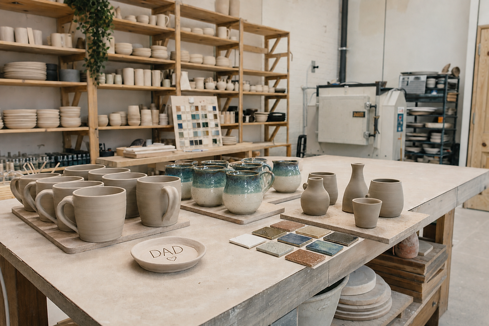 A pottery studio with shelves and a table displaying clay mugs, vases, and glazed samples.