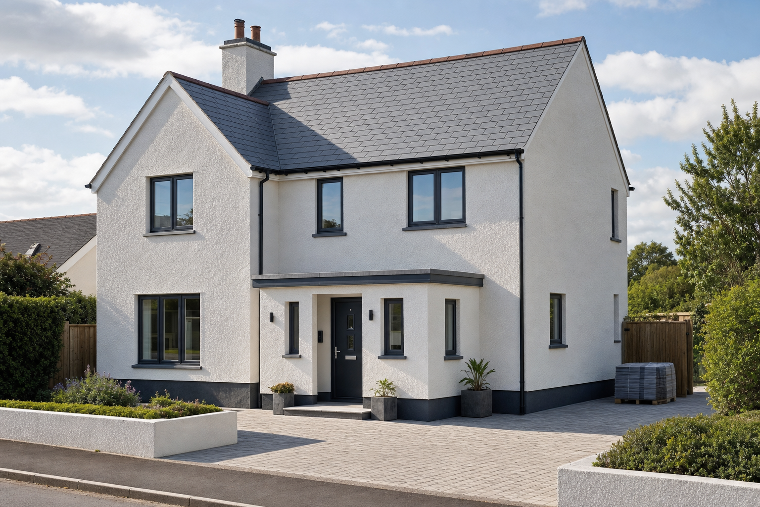 Modern white two-storey house with a grey roof, surrounded by a neat driveway and greenery.