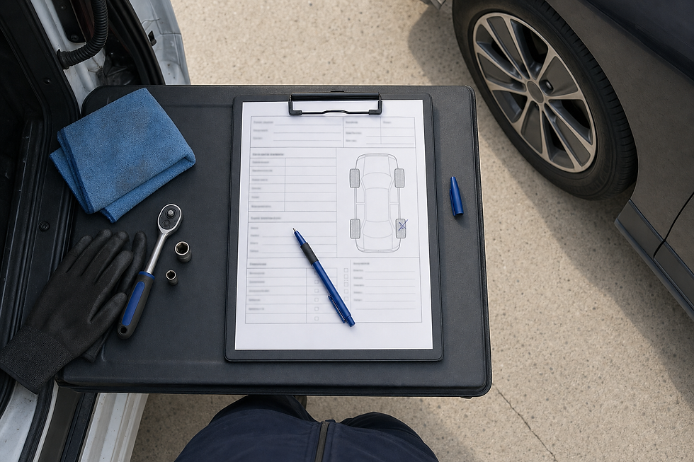 Car inspection checklist on a clipboard with tools and gloves nearby, next to a parked car.