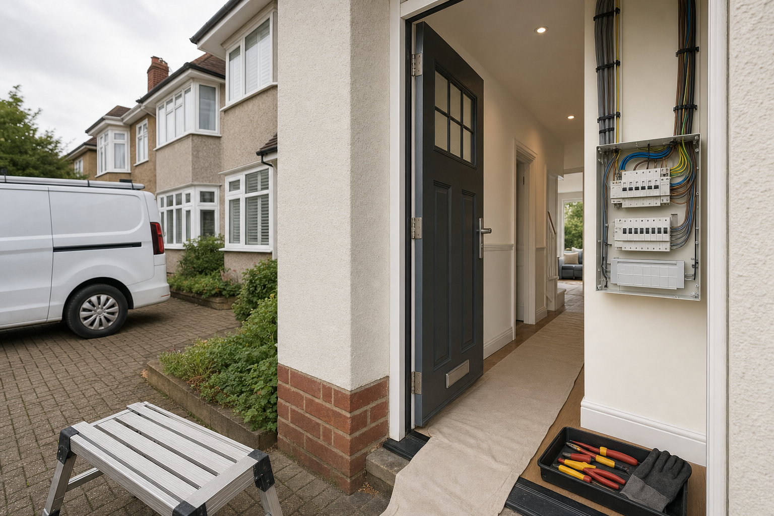 Open front door of a suburban house with electrical panel and tools, next to a parked van and stepladder on the driveway.
