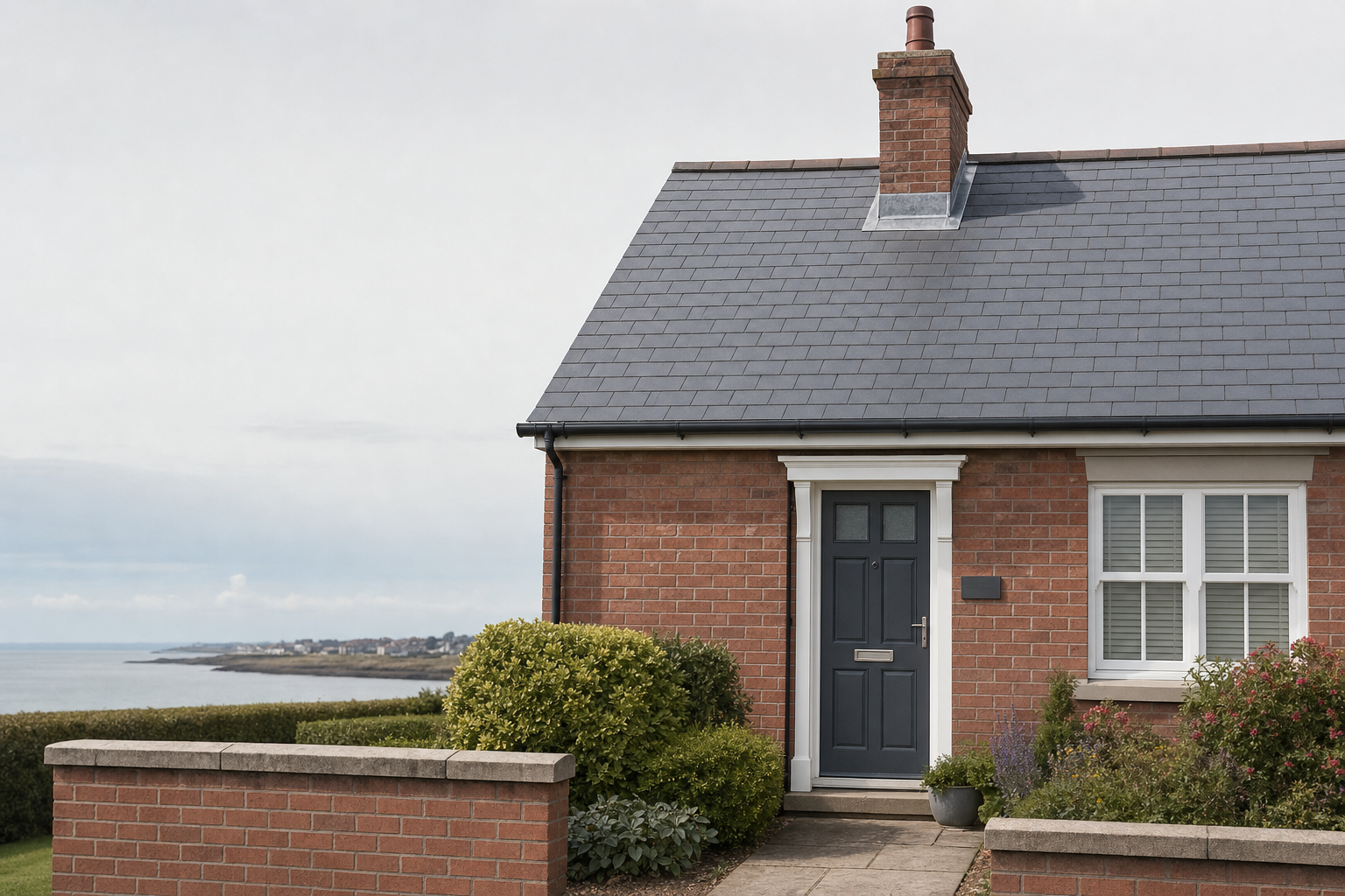 Red brick house with a slate roof and blue door, overlooking a coastal view.