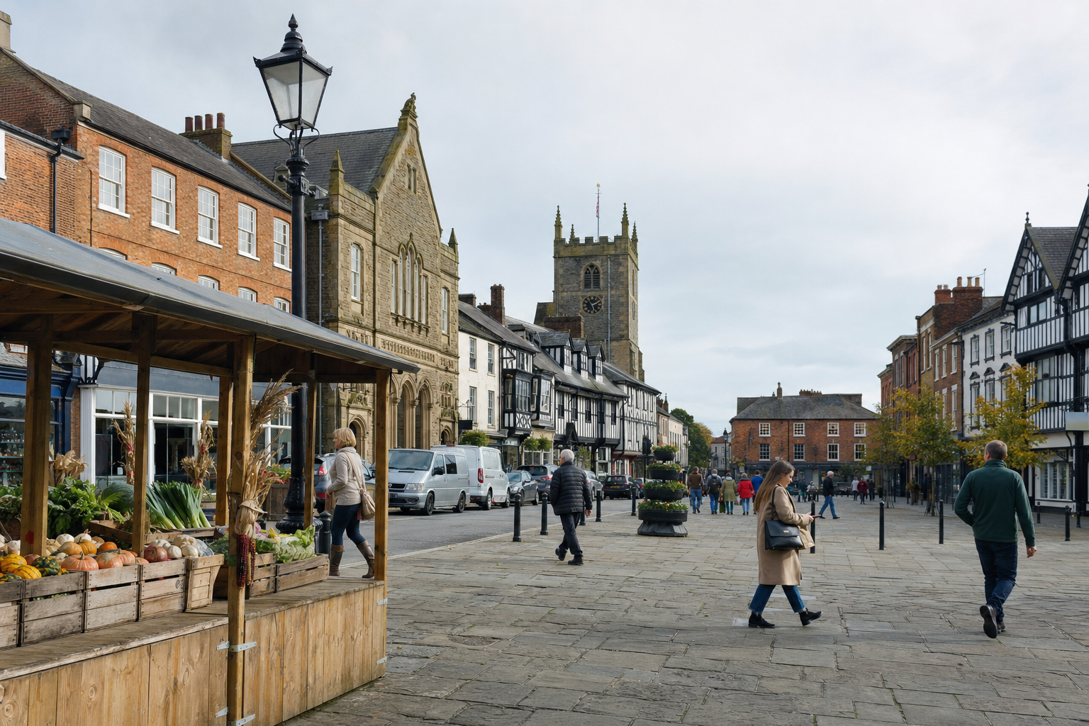 A busy market street scene with people walking past a vegetable stall and historic buildings in the background.