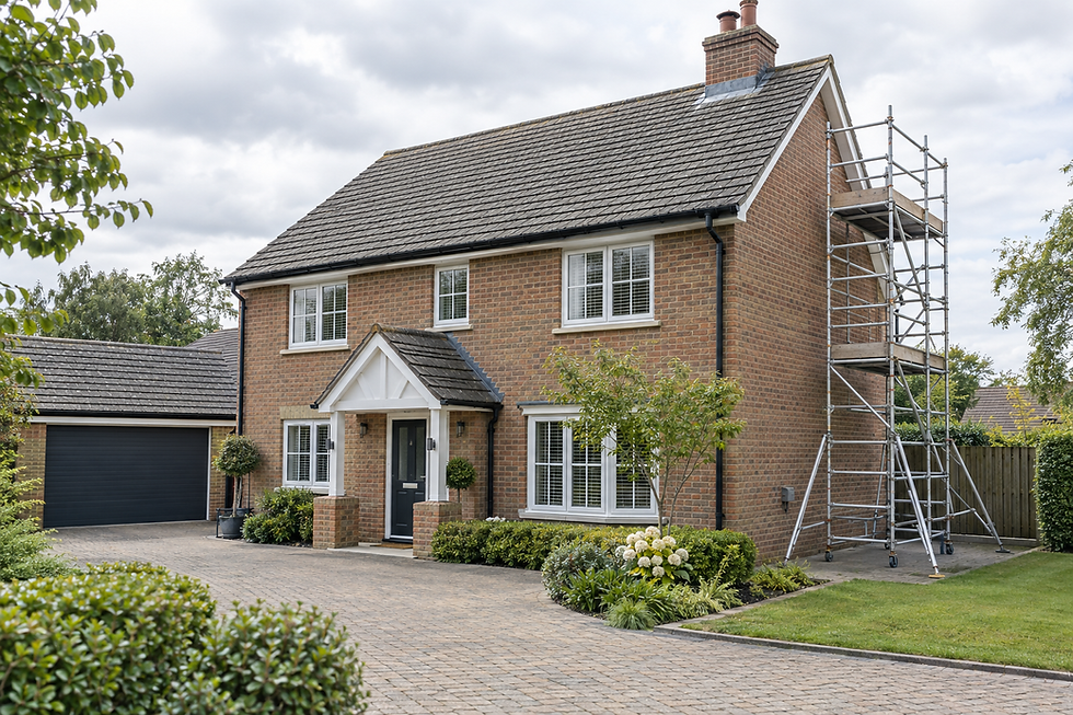 A two-storey brick house with scaffolding on the right side and a neatly landscaped garden in the front.
