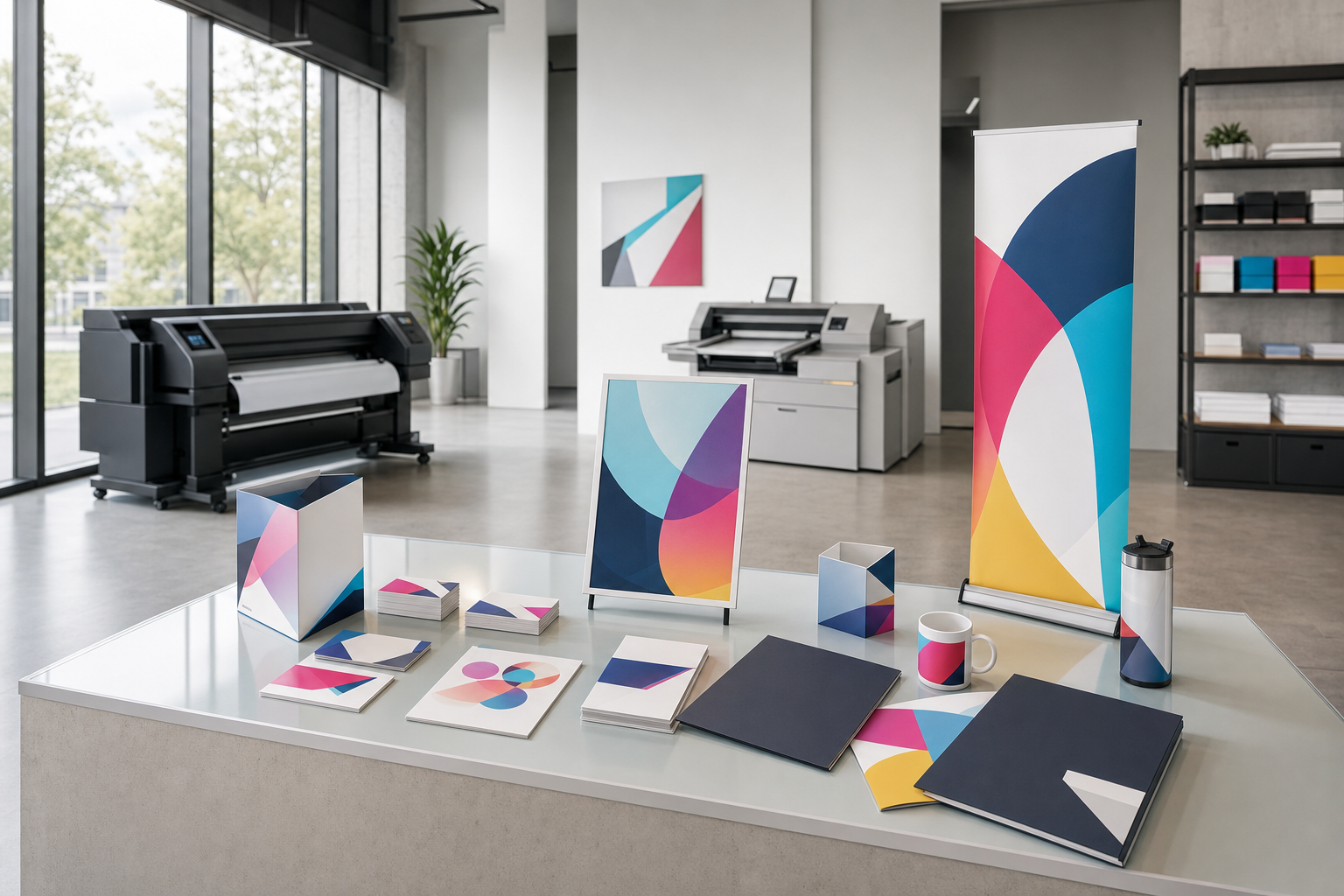 Colourful stationery and printing products displayed on a table in a modern print shop.