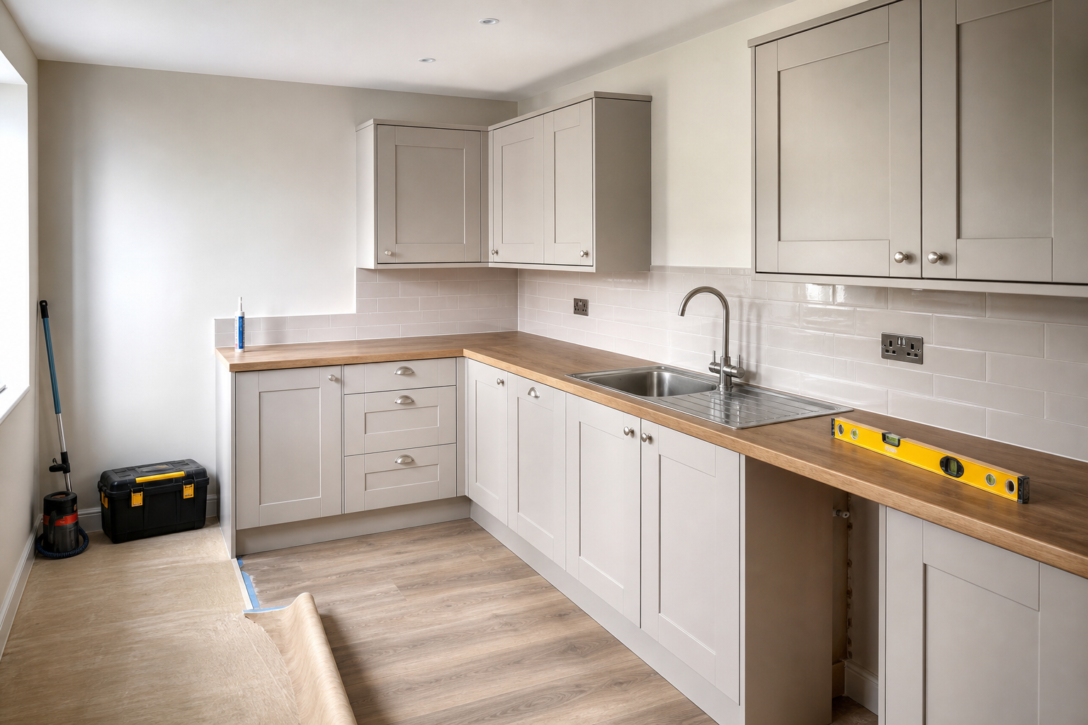 Modern kitchen with gray cabinets, wooden countertops, sink, and a yellow level tool on the counter.
