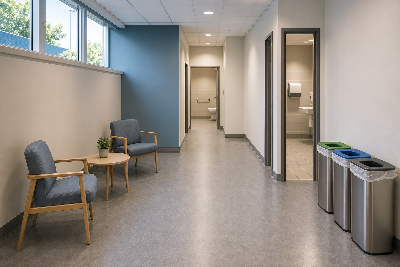 Modern waiting area with two grey chairs, a small table, and three recycling bins near accessible toilets.