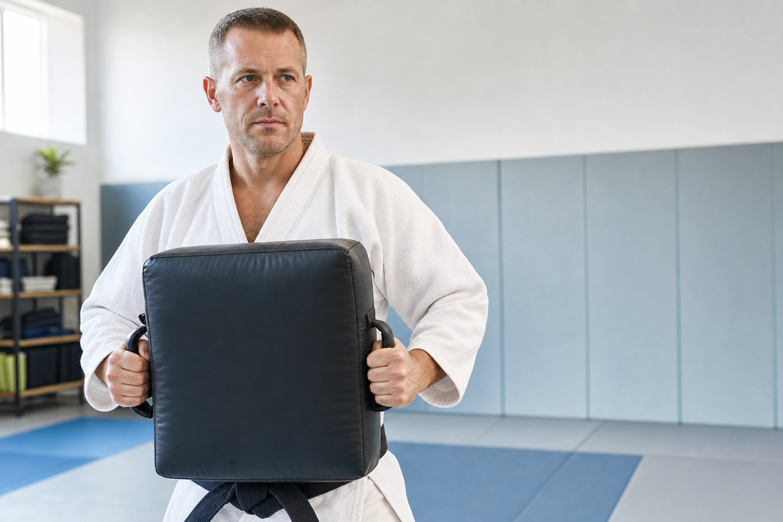 Martial artist in a white gi holding a black strike pad in a dojo.