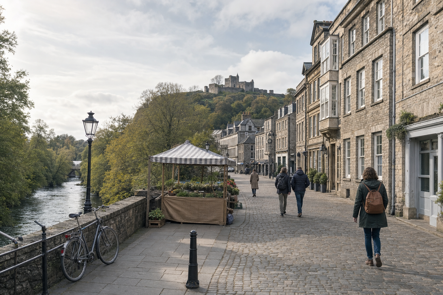 A scenic cobbled street with a riverside market stall and a castle on a hill in the background.
