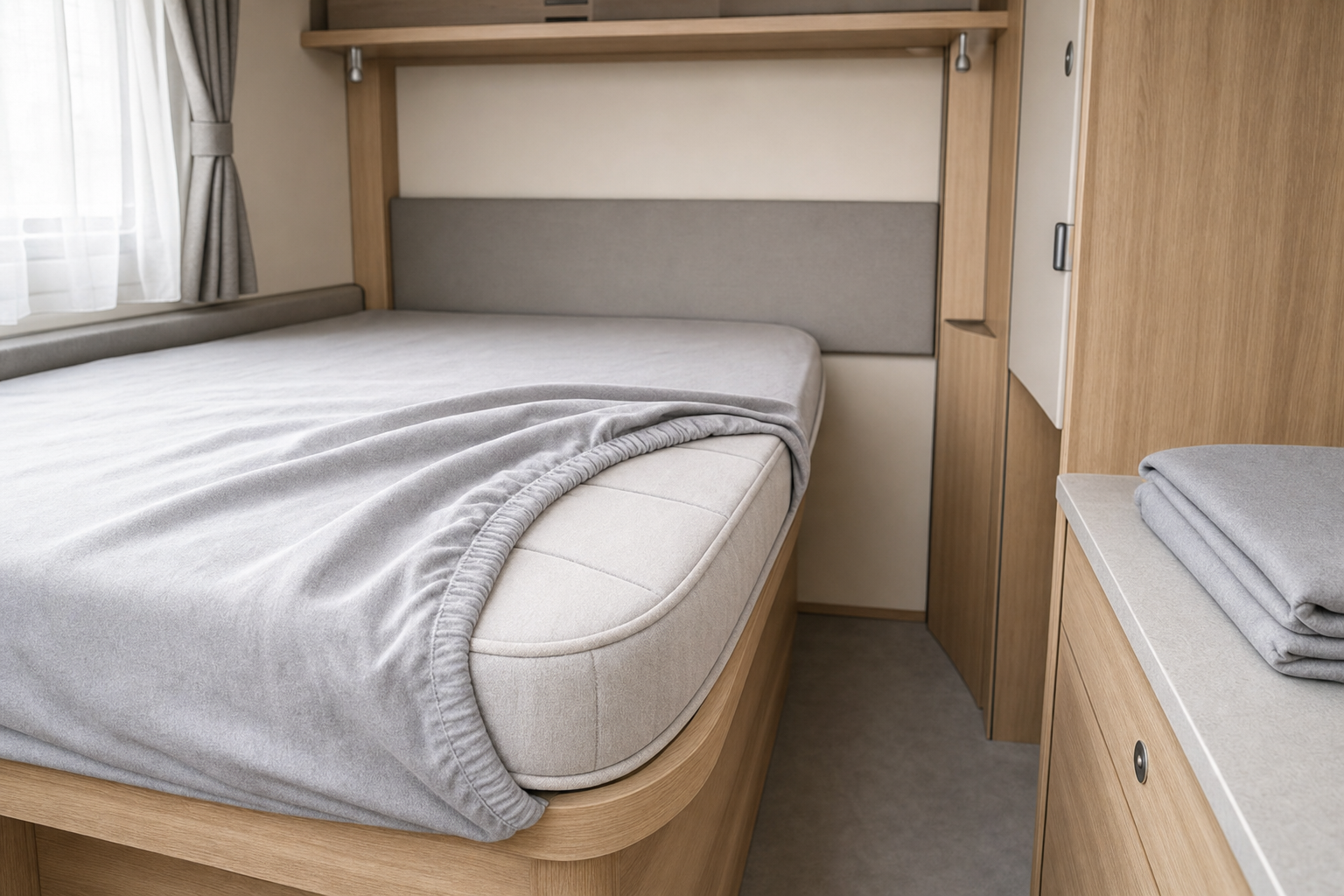 Interior of a caravan bedroom with a neatly made bed and folded linens on a countertop.