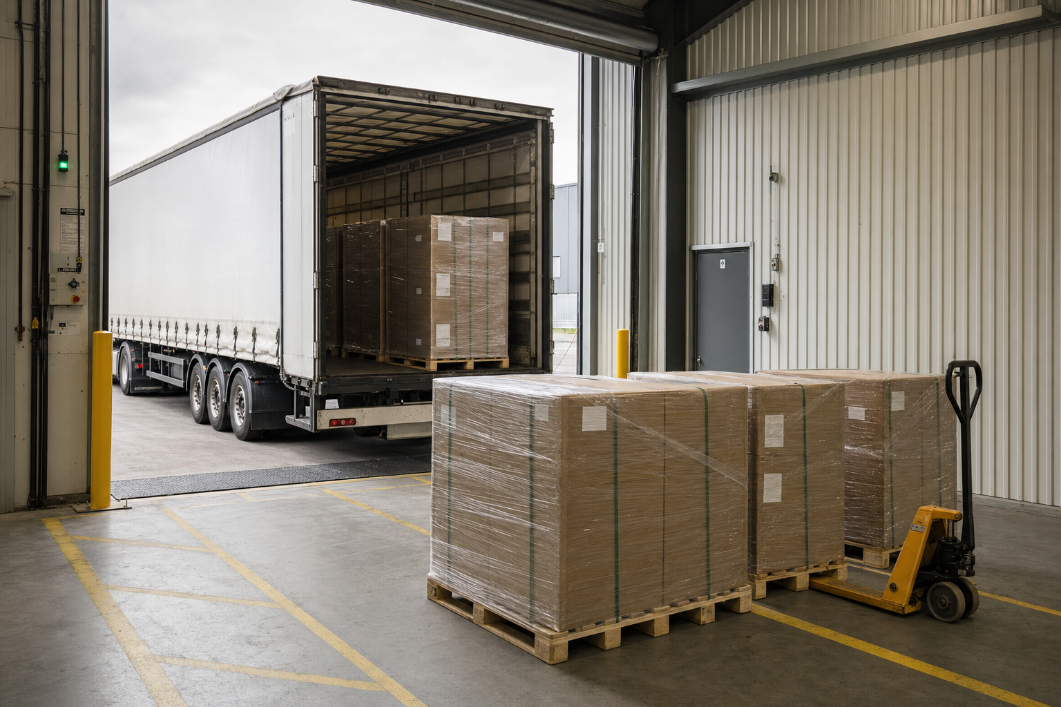 Lorry being loaded with palletised goods in a warehouse loading bay.